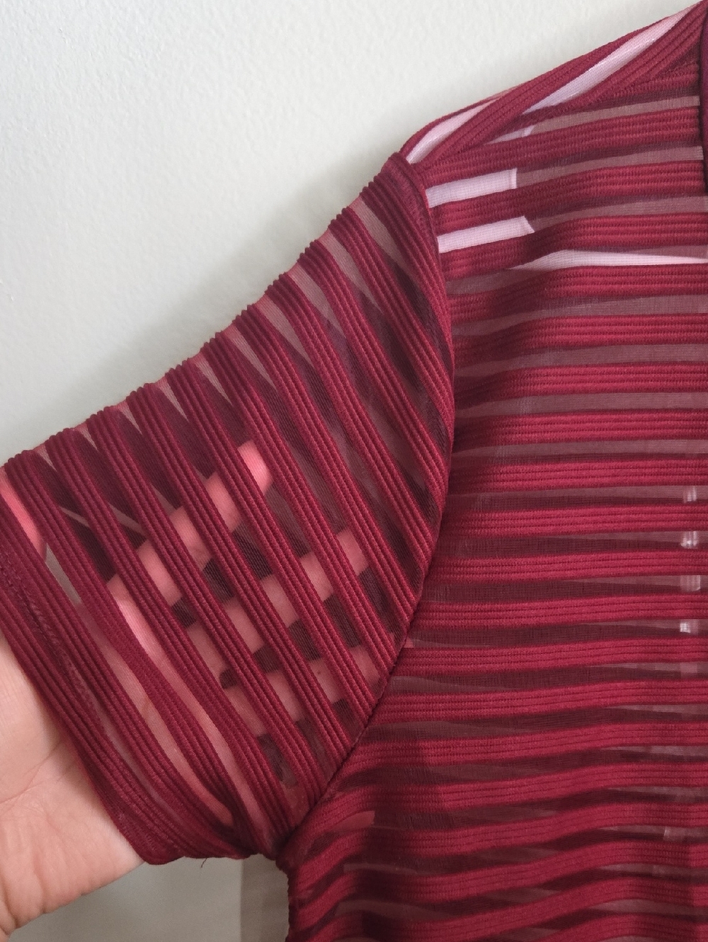 Burgundy Sheer Striped Short Sleeve Dress - Picture 3 of 6